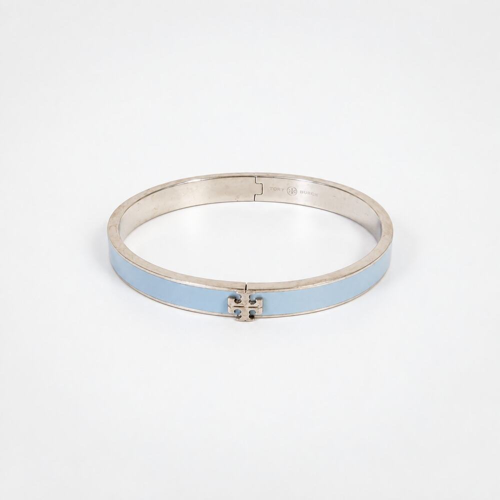 Tory Burch Kira Light Blue Enamel Silver Tone Hinged Bangle Bracelet
